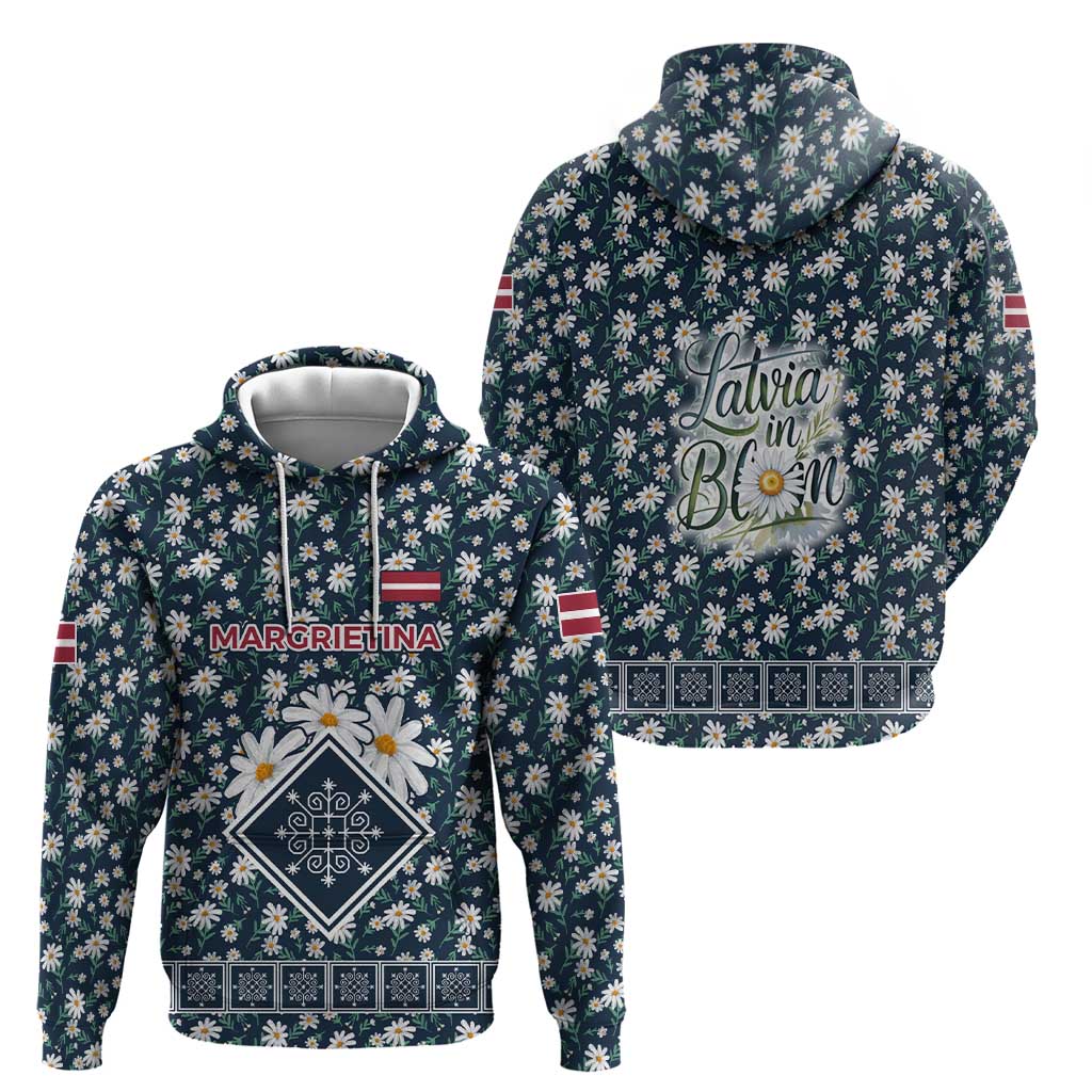 Latvia Zip Hoodie with Margrietina Daisy and Ethnic Pattern – Latvia in Bloom Floral Design