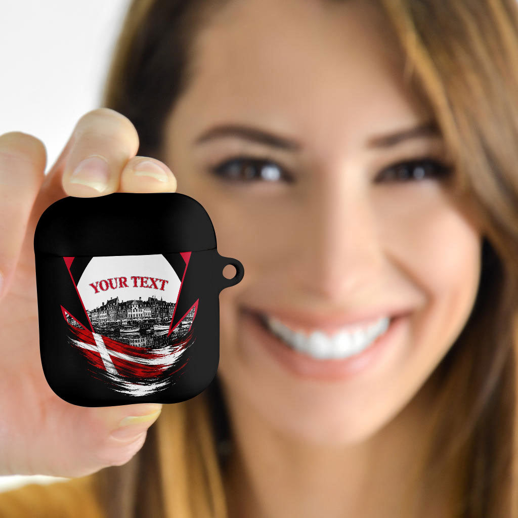 Personalized Denmark Viking Heritage AirPods Case Nordic Nyhavn Cityscape With Grunge Flag And Longship Art