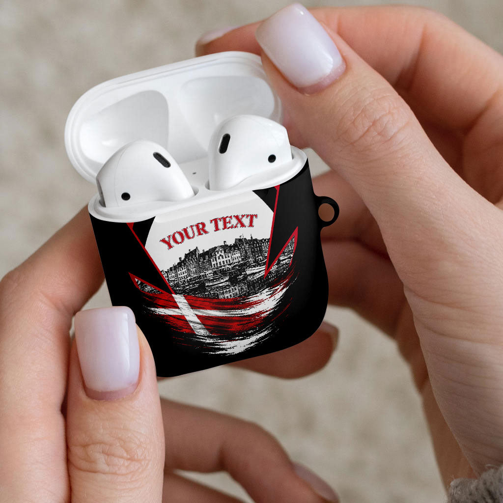 Personalized Denmark Viking Heritage AirPods Case Nordic Nyhavn Cityscape With Grunge Flag And Longship Art