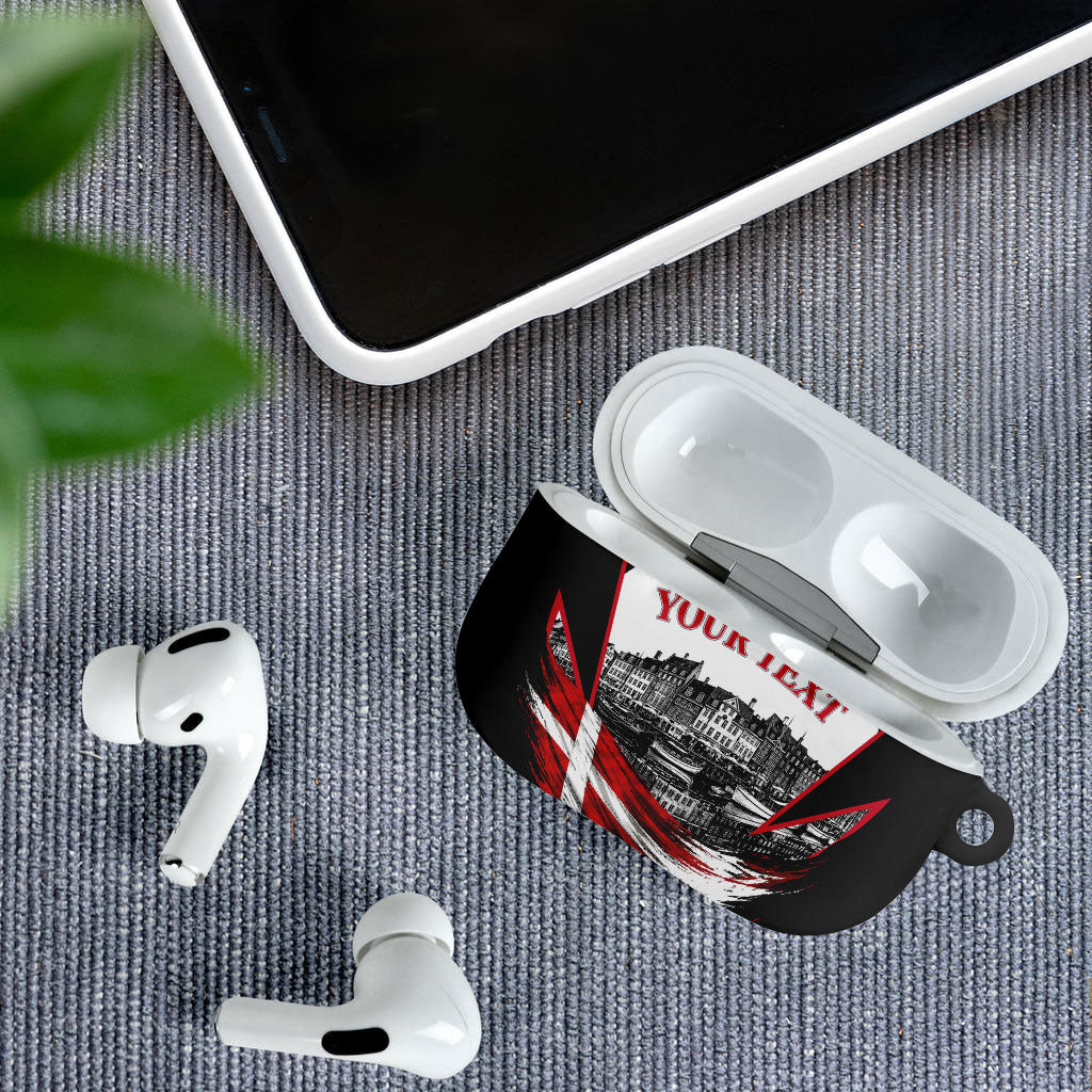 Personalized Denmark Viking Heritage AirPods Case Nordic Nyhavn Cityscape With Grunge Flag And Longship Art