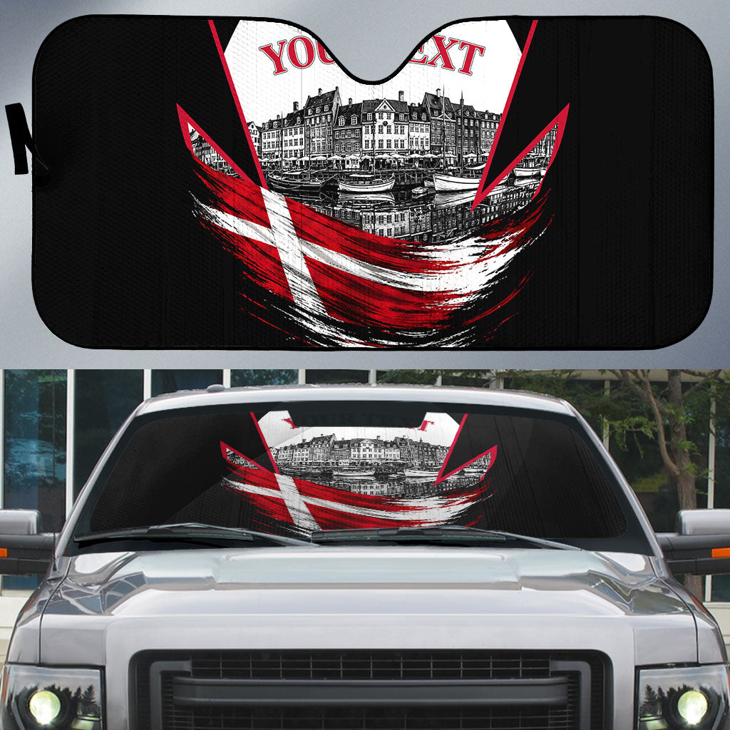 Personalized Denmark Viking Heritage Auto Sun Shade Nordic Nyhavn Cityscape With Grunge Flag And Longship Art