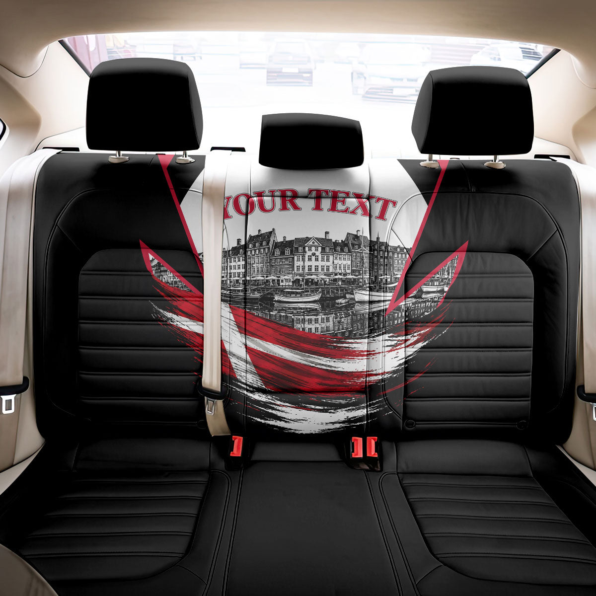 Personalized Denmark Viking Heritage Back Car Seat Cover Nordic Nyhavn Cityscape With Grunge Flag And Longship Art