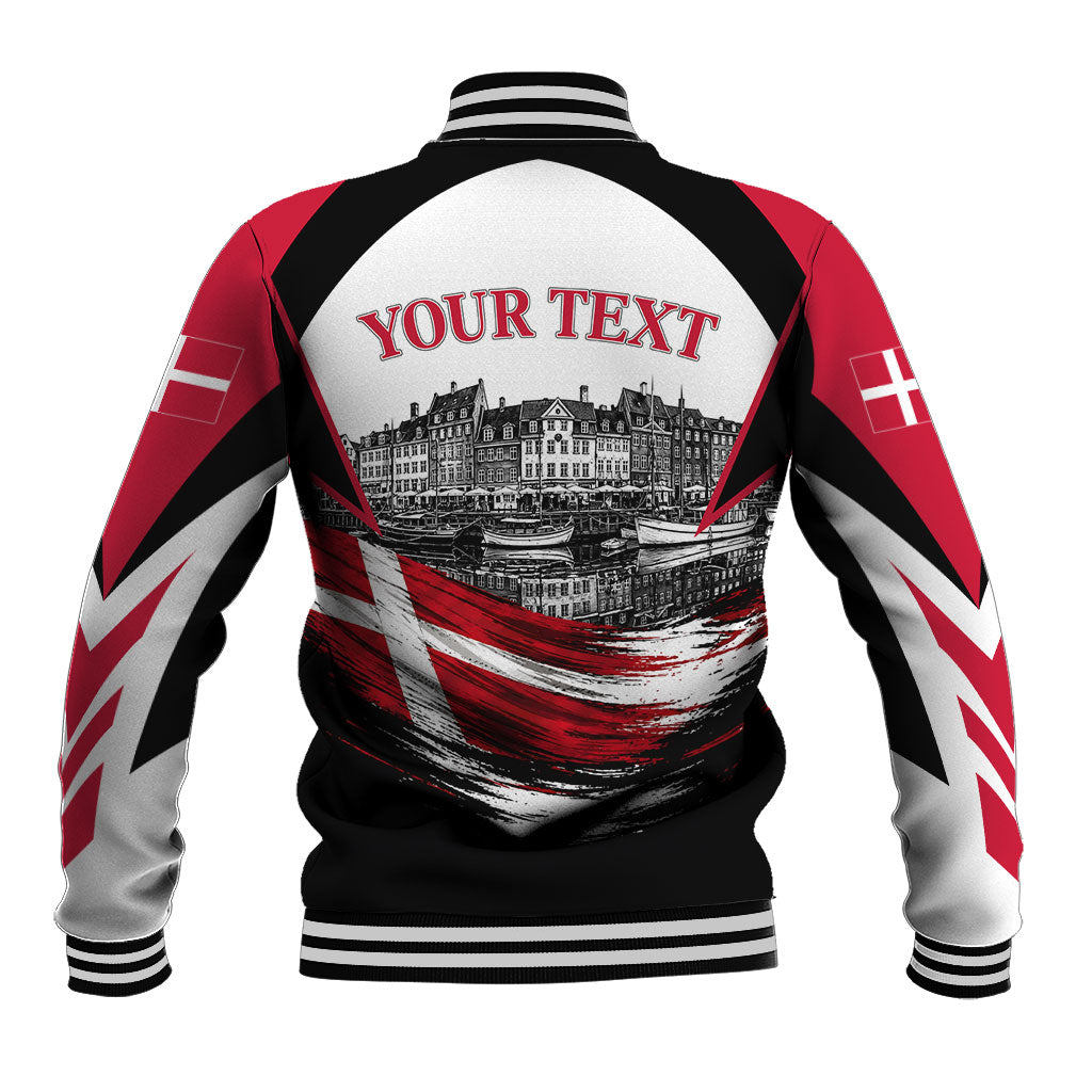 Personalized Denmark Viking Heritage Baseball Jacket Nordic Nyhavn Cityscape With Grunge Flag And Longship Art