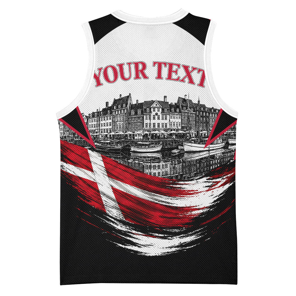 Personalized Denmark Viking Heritage Basketball Jersey Nordic Nyhavn Cityscape With Grunge Flag And Longship Art