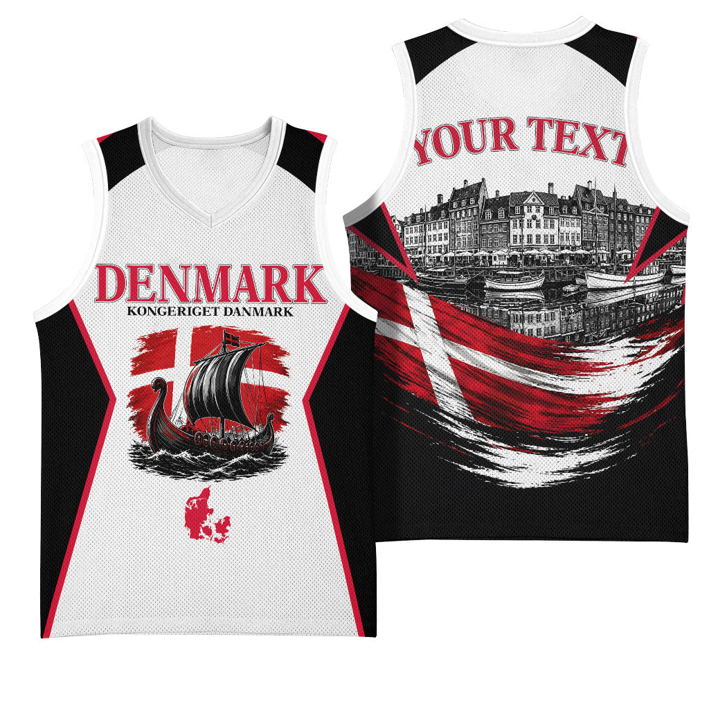 Personalized Denmark Viking Heritage Basketball Jersey Nordic Nyhavn Cityscape With Grunge Flag And Longship Art