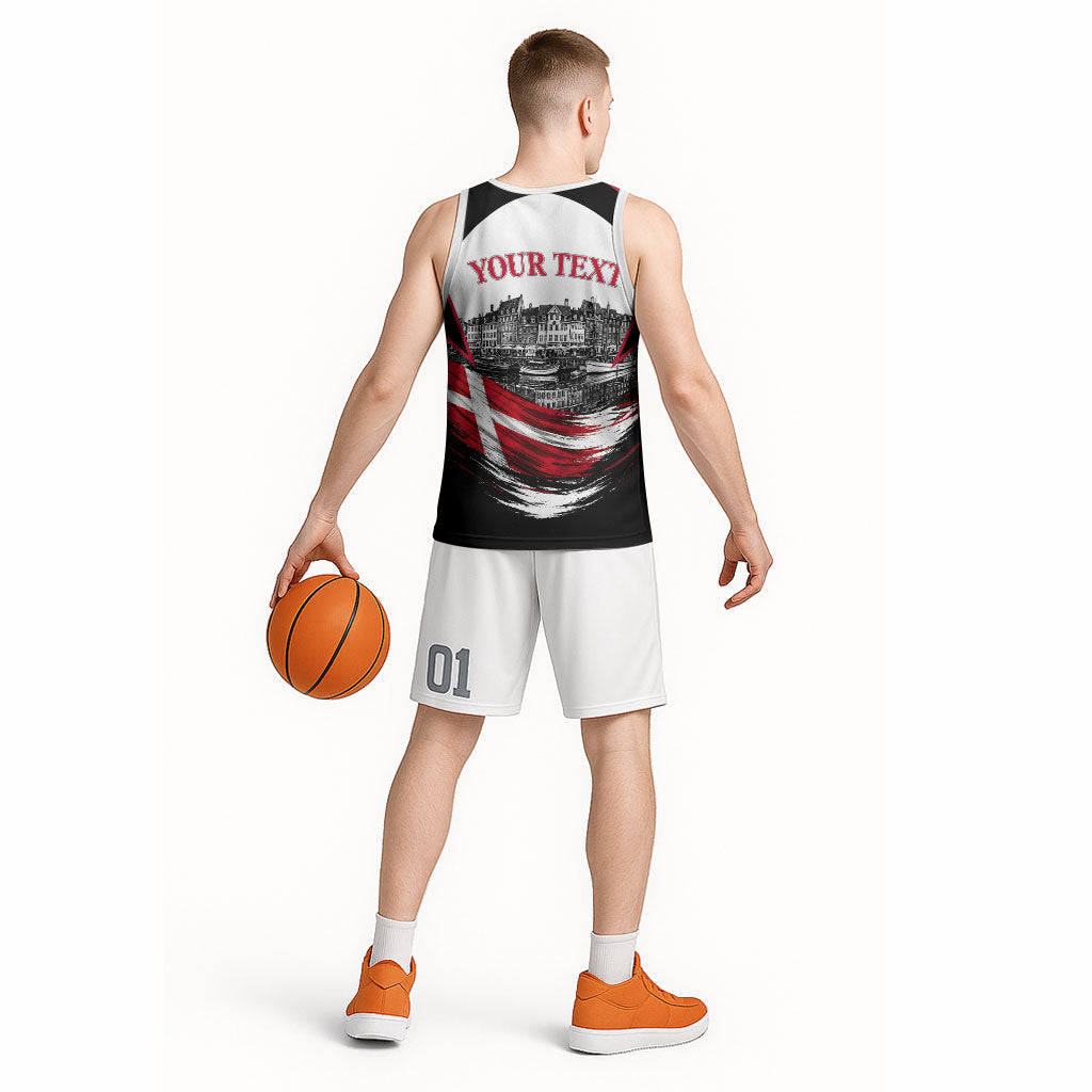Personalized Denmark Viking Heritage Basketball Jersey Nordic Nyhavn Cityscape With Grunge Flag And Longship Art