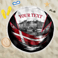 Personalized Denmark Viking Heritage Beach Blanket Nordic Nyhavn Cityscape With Grunge Flag And Longship Art