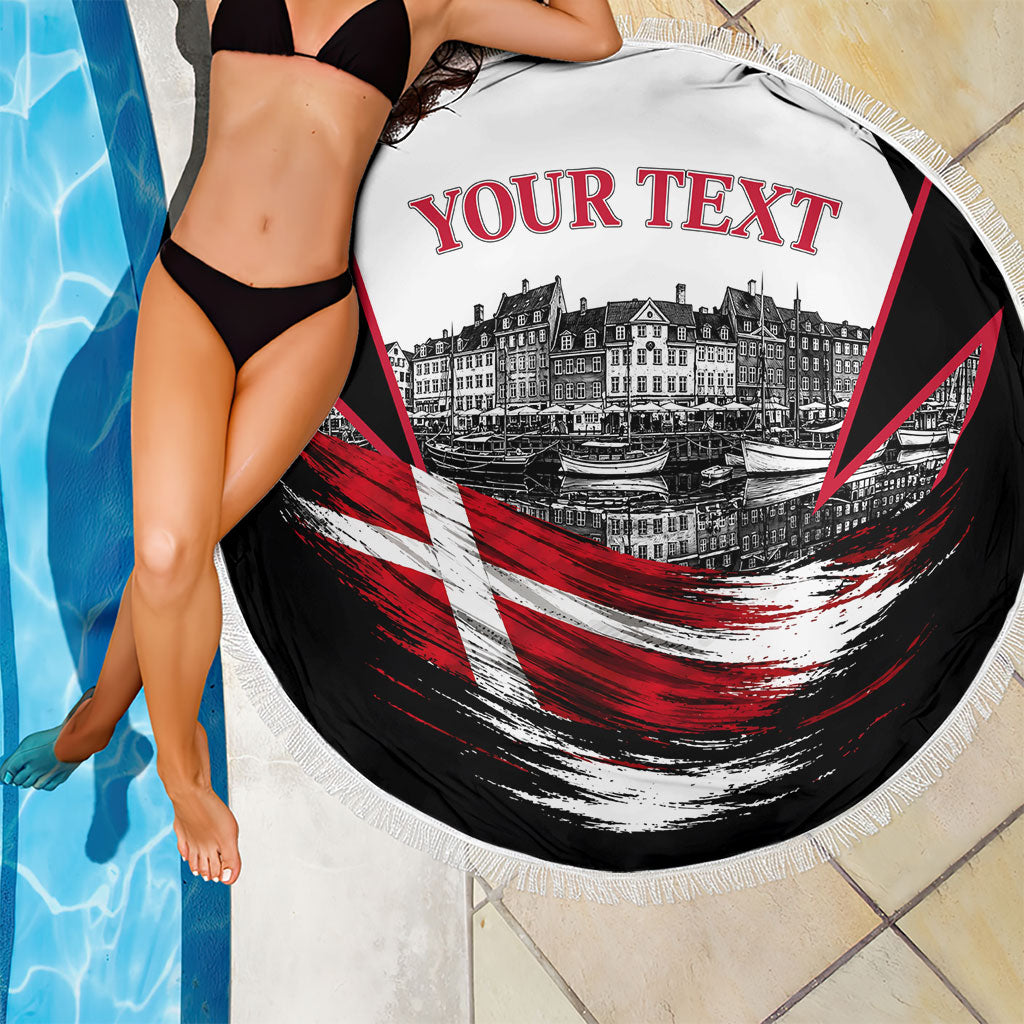 Personalized Denmark Viking Heritage Beach Blanket Nordic Nyhavn Cityscape With Grunge Flag And Longship Art