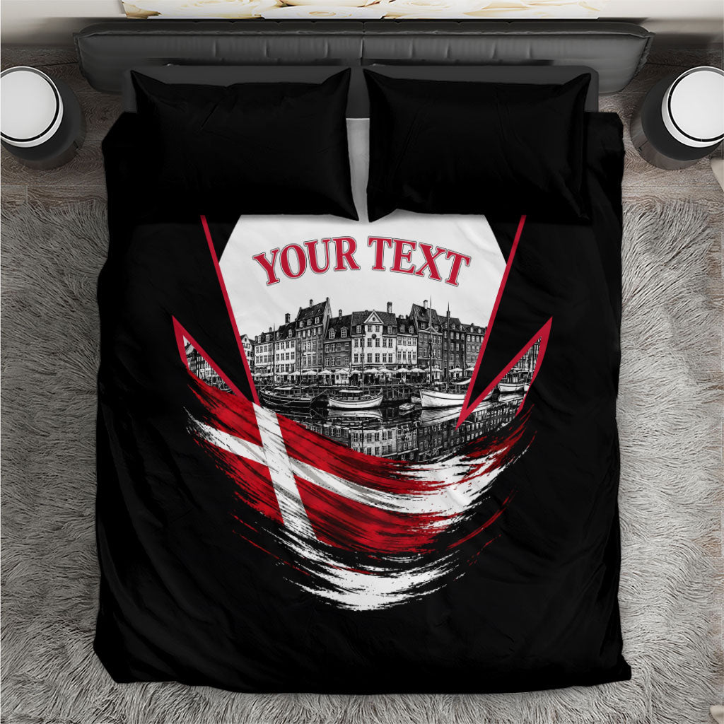 Personalized Denmark Viking Heritage Bedding Set Nordic Nyhavn Cityscape With Grunge Flag And Longship Art