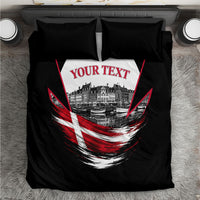 Personalized Denmark Viking Heritage Bedding Set Nordic Nyhavn Cityscape With Grunge Flag And Longship Art