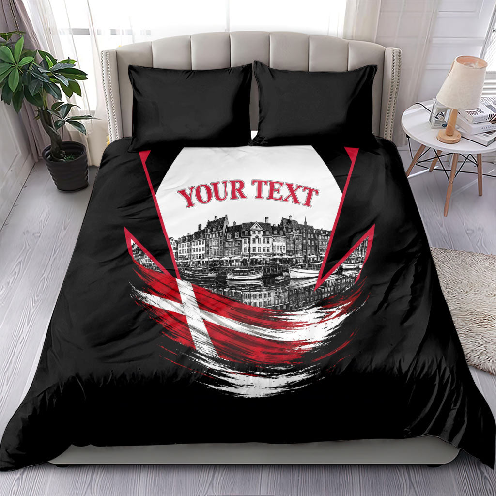 Personalized Denmark Viking Heritage Bedding Set Nordic Nyhavn Cityscape With Grunge Flag And Longship Art