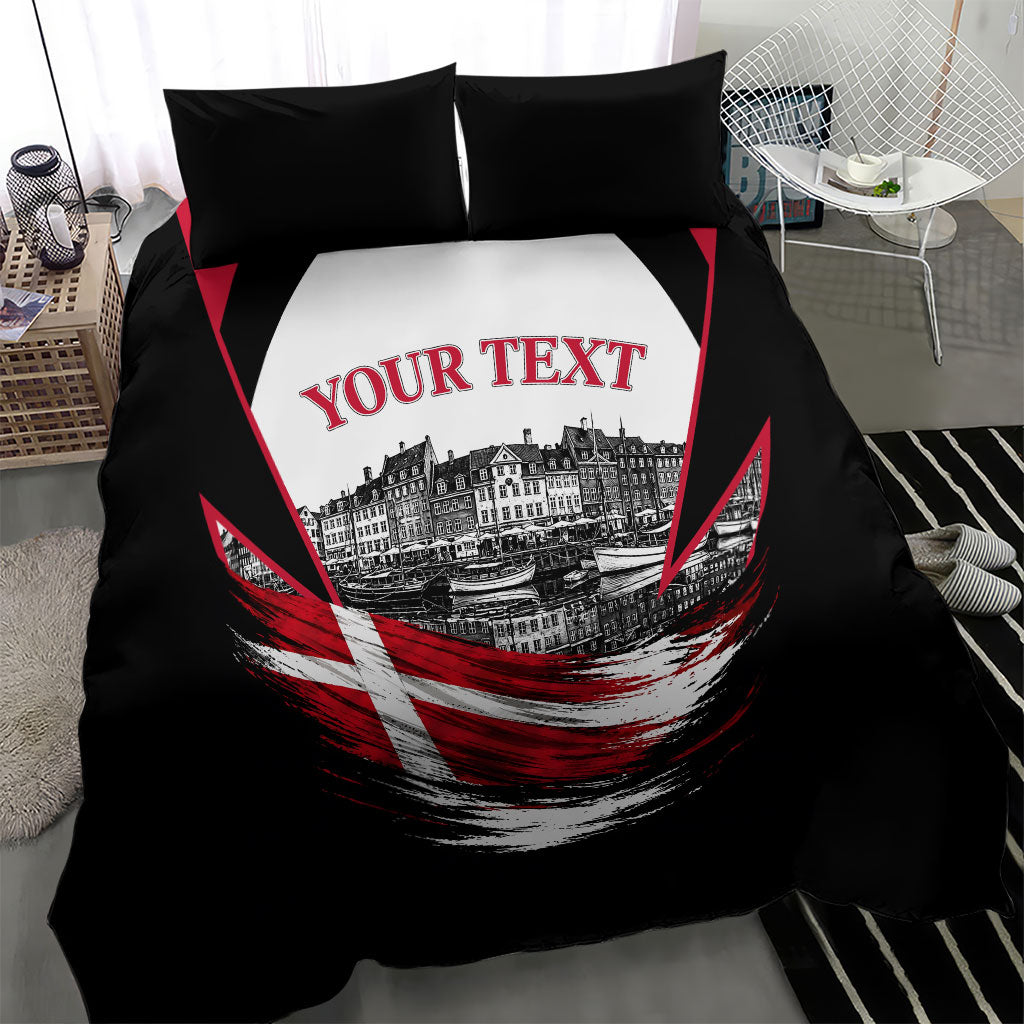 Personalized Denmark Viking Heritage Bedding Set Nordic Nyhavn Cityscape With Grunge Flag And Longship Art
