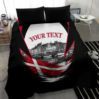 Personalized Denmark Viking Heritage Bedding Set Nordic Nyhavn Cityscape With Grunge Flag And Longship Art
