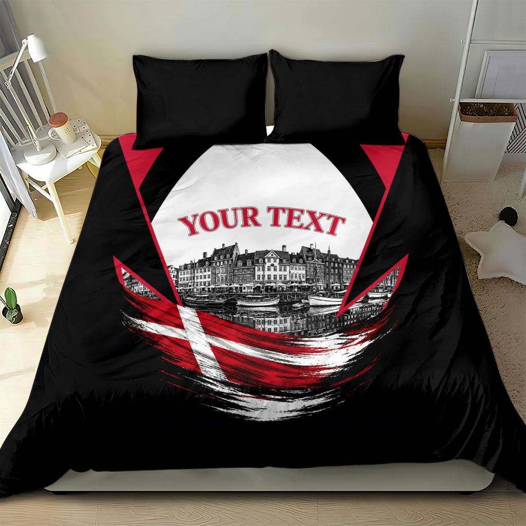 Personalized Denmark Viking Heritage Bedding Set Nordic Nyhavn Cityscape With Grunge Flag And Longship Art