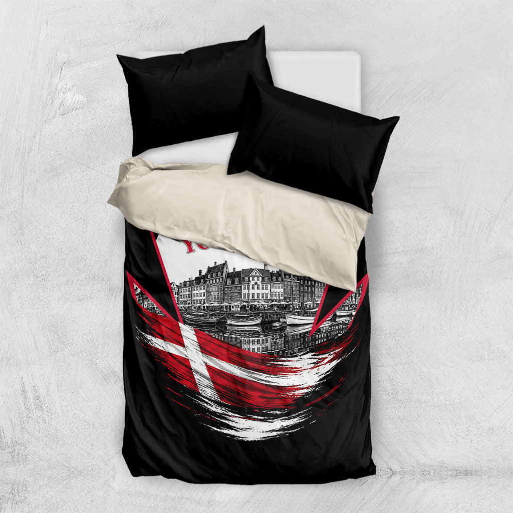 Personalized Denmark Viking Heritage Bedding Set Nordic Nyhavn Cityscape With Grunge Flag And Longship Art