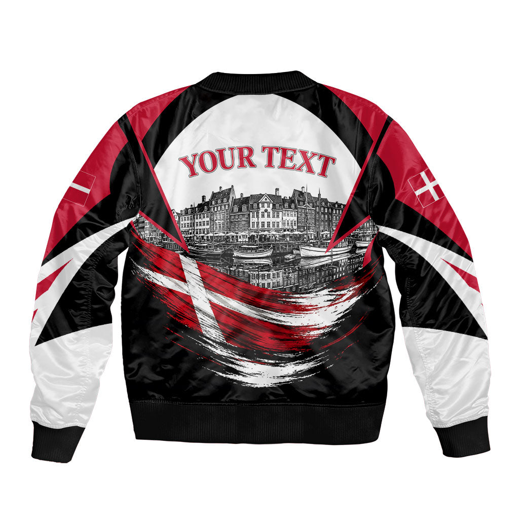 Personalized Denmark Viking Heritage Bomber Jacket Nordic Nyhavn Cityscape With Grunge Flag And Longship Art