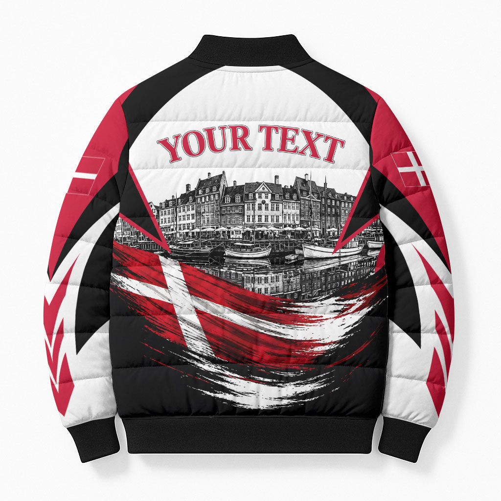 Personalized Denmark Viking Heritage Bomber Puffer Jacket Nordic Nyhavn Cityscape With Grunge Flag And Longship Art