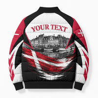 Personalized Denmark Viking Heritage Bomber Puffer Jacket Nordic Nyhavn Cityscape With Grunge Flag And Longship Art