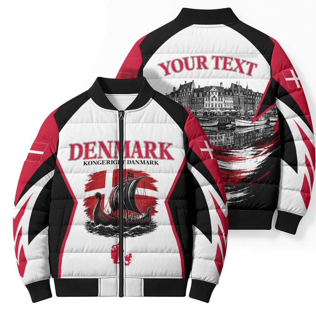 Personalized Denmark Viking Heritage Bomber Puffer Jacket Nordic Nyhavn Cityscape With Grunge Flag And Longship Art