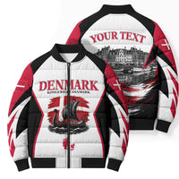 Personalized Denmark Viking Heritage Bomber Puffer Jacket Nordic Nyhavn Cityscape With Grunge Flag And Longship Art
