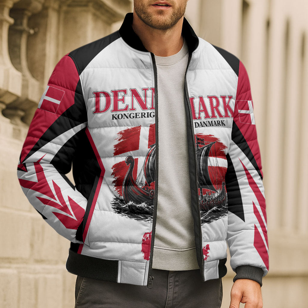 Personalized Denmark Viking Heritage Bomber Puffer Jacket Nordic Nyhavn Cityscape With Grunge Flag And Longship Art