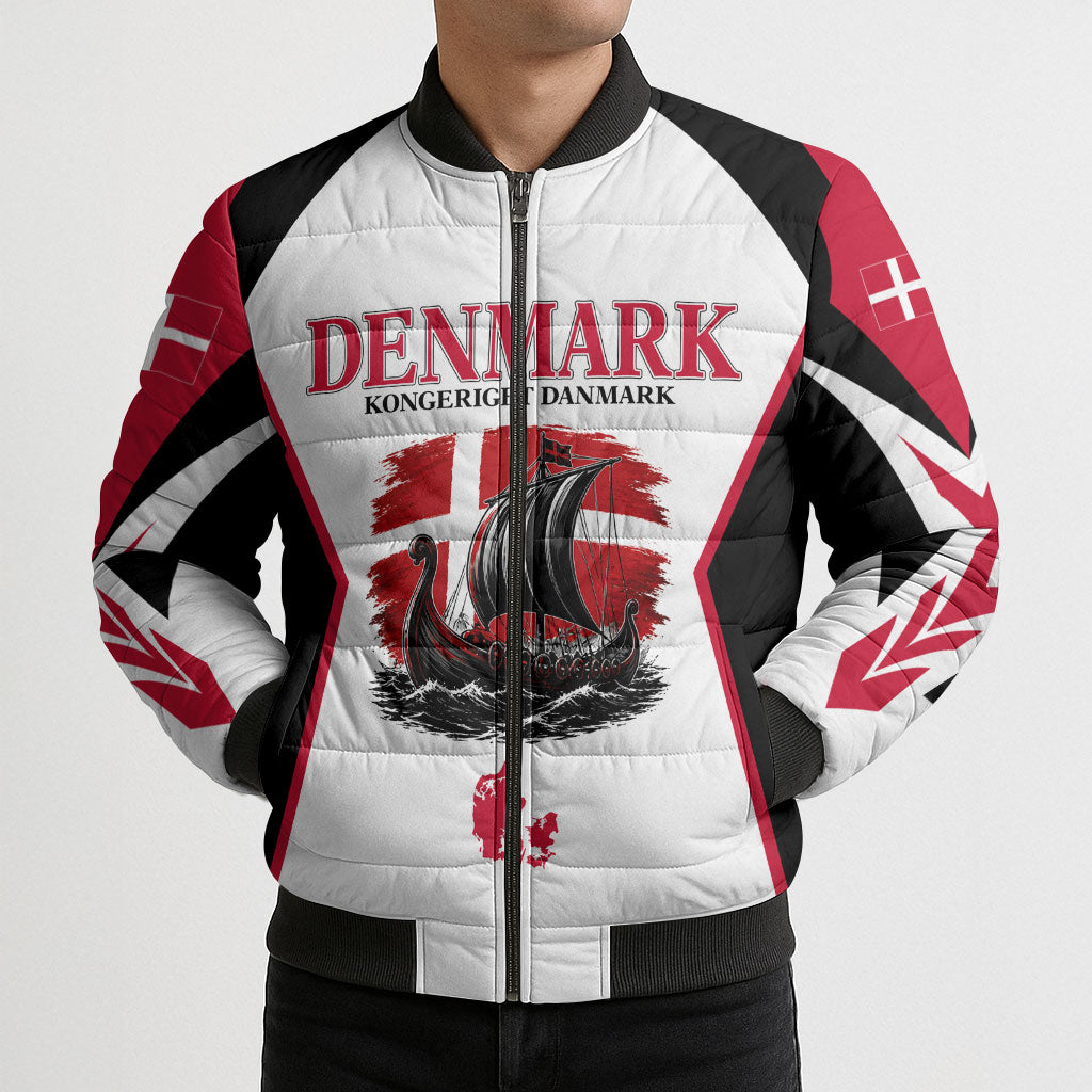 Personalized Denmark Viking Heritage Bomber Puffer Jacket Nordic Nyhavn Cityscape With Grunge Flag And Longship Art