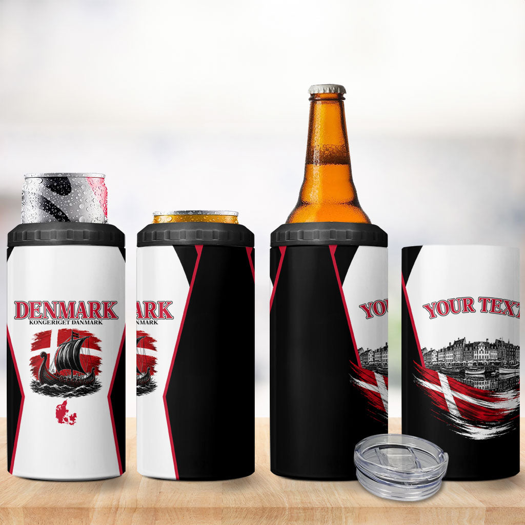 Personalized Denmark Viking Heritage 4 in 1 Can Cooler Tumbler Nordic Nyhavn Cityscape With Grunge Flag And Longship Art