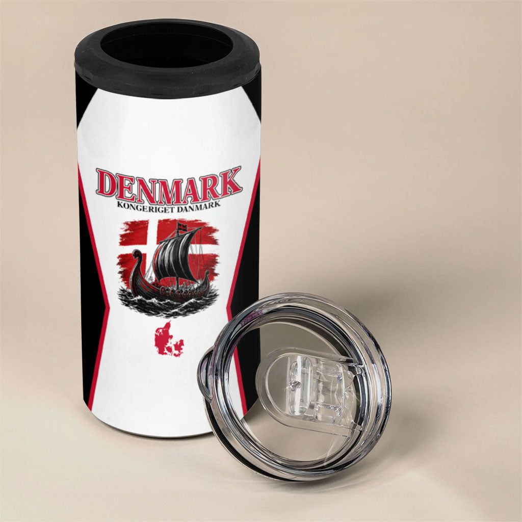 Personalized Denmark Viking Heritage 4 in 1 Can Cooler Tumbler Nordic Nyhavn Cityscape With Grunge Flag And Longship Art