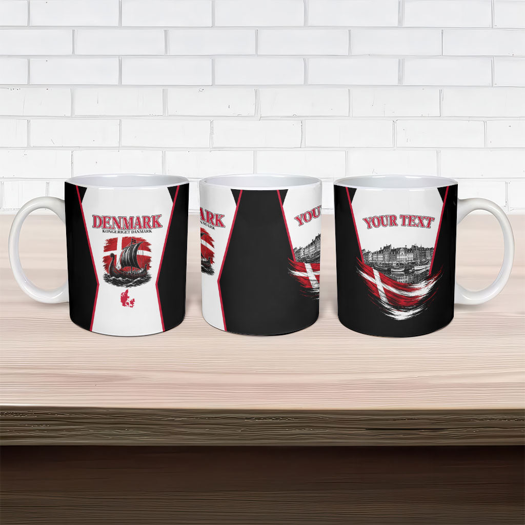 Personalized Denmark Viking Heritage Ceramic Mug Nordic Nyhavn Cityscape With Grunge Flag And Longship Art