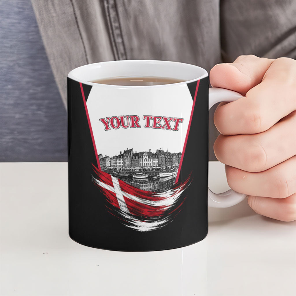 Personalized Denmark Viking Heritage Ceramic Mug Nordic Nyhavn Cityscape With Grunge Flag And Longship Art