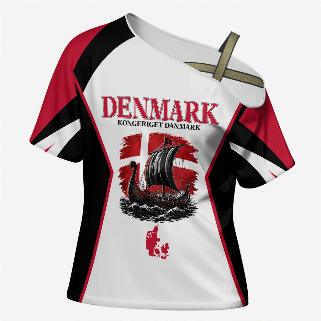Personalized Denmark Viking Heritage Cross Shoulder Shirt Nordic Nyhavn Cityscape With Grunge Flag And Longship Art