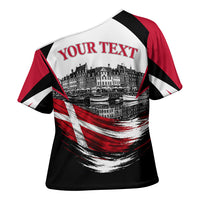 Personalized Denmark Viking Heritage Cross Shoulder Shirt Nordic Nyhavn Cityscape With Grunge Flag And Longship Art