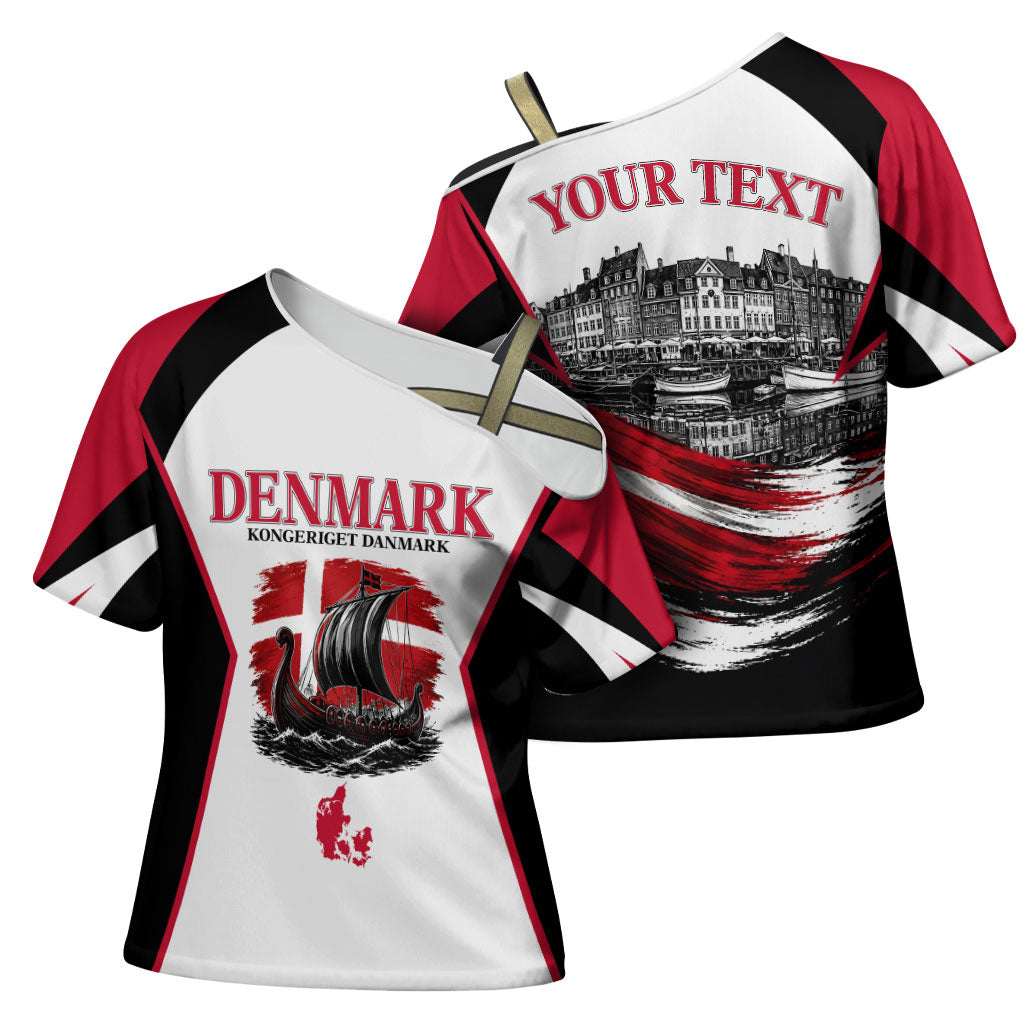 Personalized Denmark Viking Heritage Cross Shoulder Shirt Nordic Nyhavn Cityscape With Grunge Flag And Longship Art