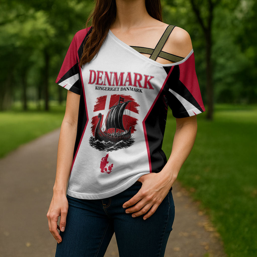 Personalized Denmark Viking Heritage Cross Shoulder Shirt Nordic Nyhavn Cityscape With Grunge Flag And Longship Art
