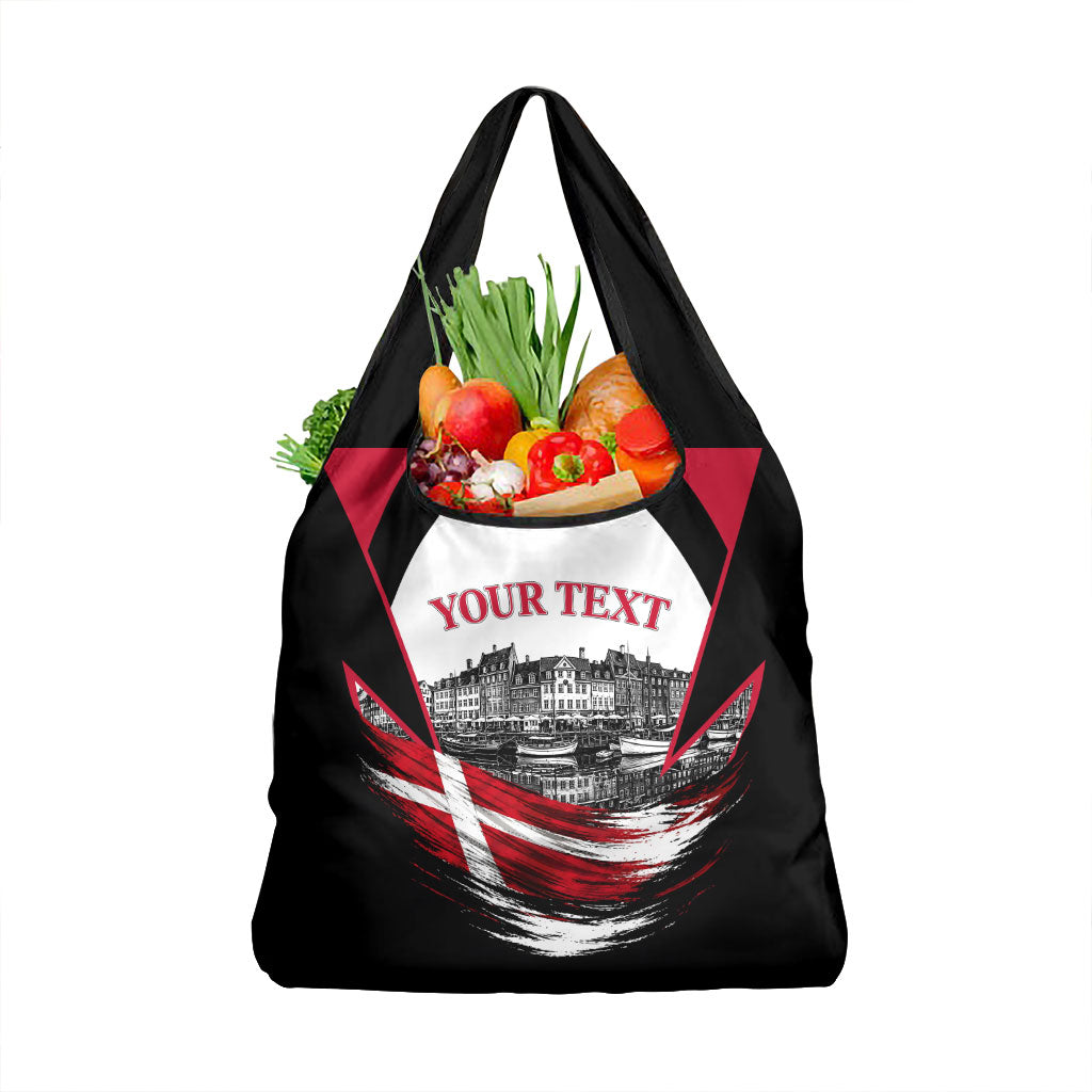 Personalized Denmark Viking Heritage Grocery Bag Nordic Nyhavn Cityscape With Grunge Flag And Longship Art