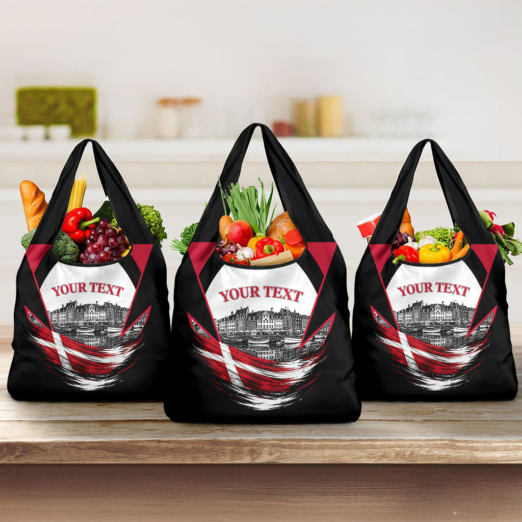 Personalized Denmark Viking Heritage Grocery Bag Nordic Nyhavn Cityscape With Grunge Flag And Longship Art
