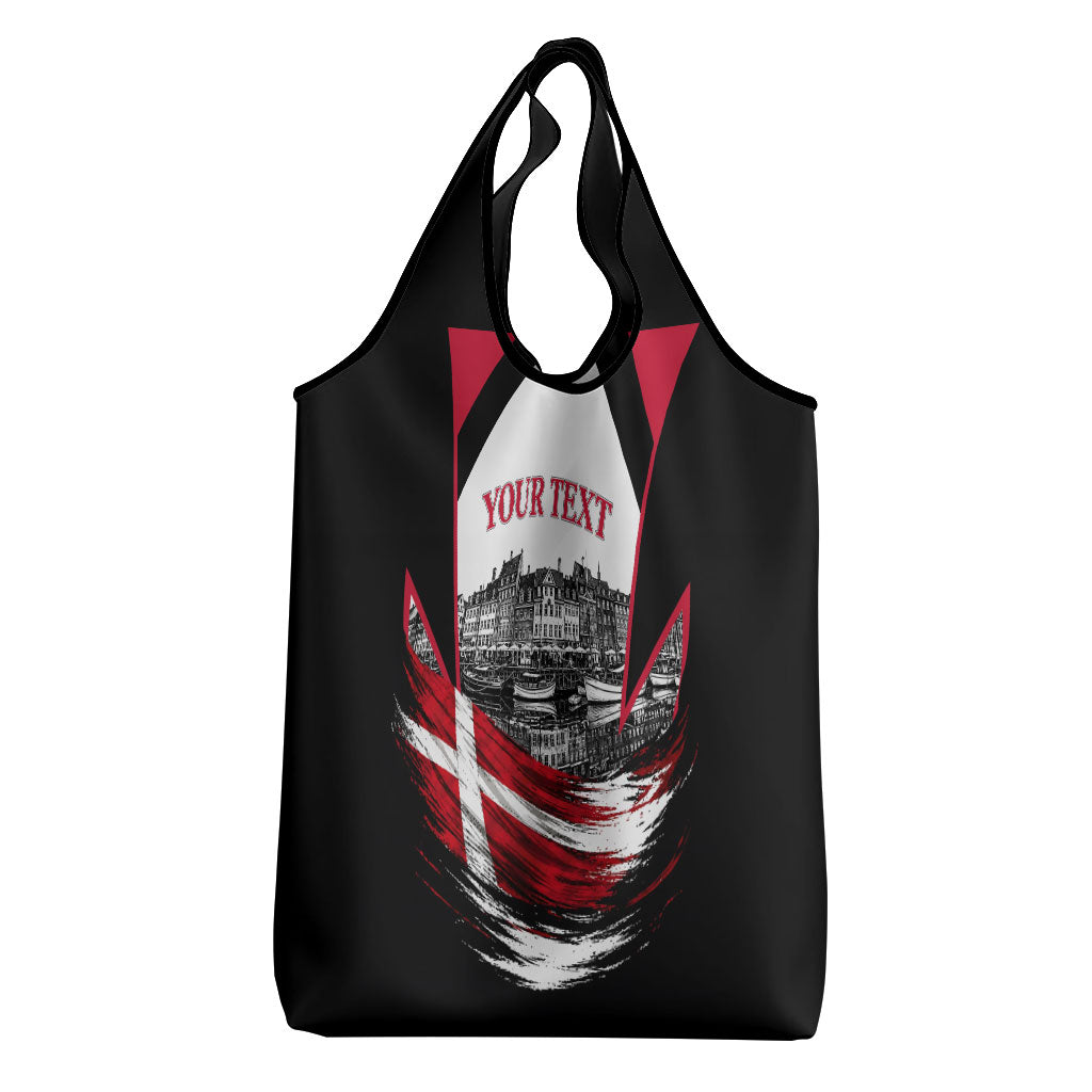 Personalized Denmark Viking Heritage Grocery Bag Nordic Nyhavn Cityscape With Grunge Flag And Longship Art