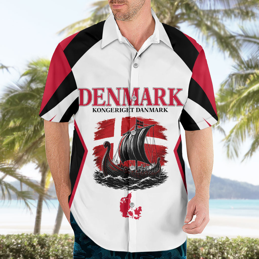 Personalized Denmark Viking Heritage Hawaiian Shirt Nordic Nyhavn Cityscape With Grunge Flag And Longship Art