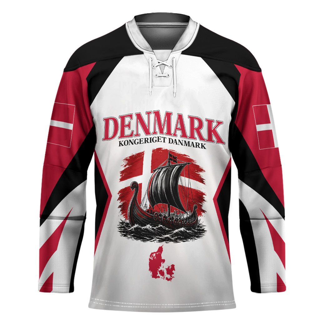 Personalized Denmark Viking Heritage Hockey Jersey Nordic Nyhavn Cityscape With Grunge Flag And Longship Art