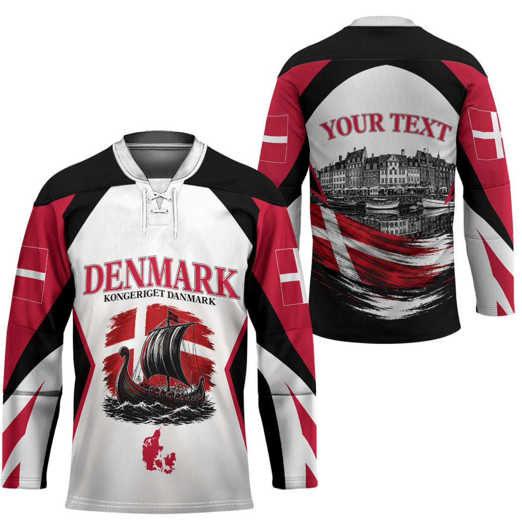 Personalized Denmark Viking Heritage Hockey Jersey Nordic Nyhavn Cityscape With Grunge Flag And Longship Art