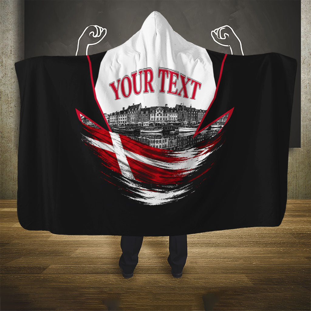 Personalized Denmark Viking Heritage Hooded Blanket Nordic Nyhavn Cityscape With Grunge Flag And Longship Art