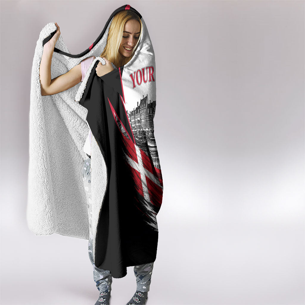 Personalized Denmark Viking Heritage Hooded Blanket Nordic Nyhavn Cityscape With Grunge Flag And Longship Art