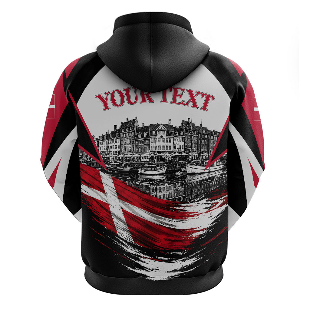 Personalized Denmark Viking Heritage Hoodie Nordic Nyhavn Cityscape With Grunge Flag And Longship Art