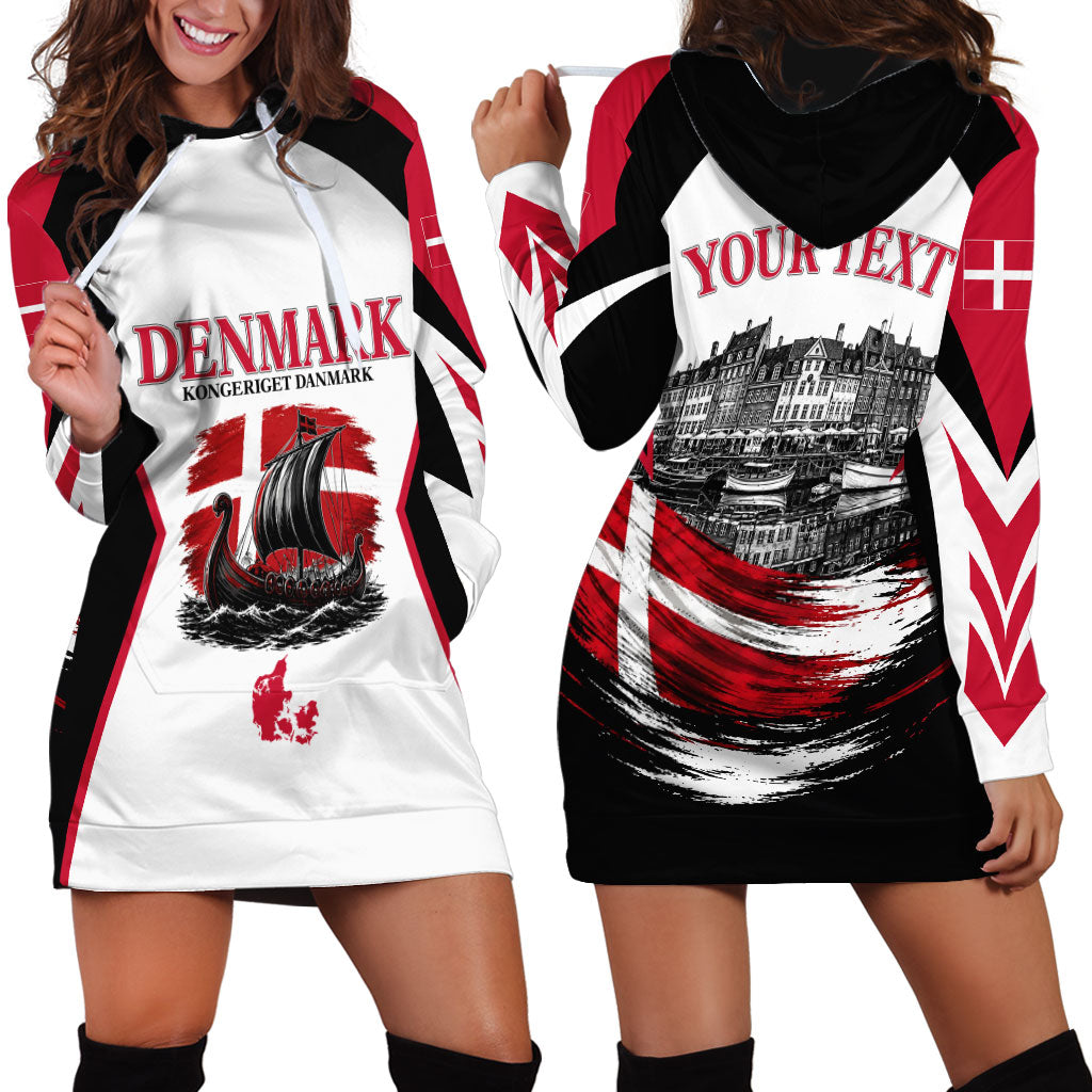 Personalized Denmark Viking Heritage Hoodie Dress Nordic Nyhavn Cityscape With Grunge Flag And Longship Art