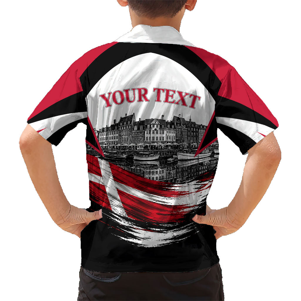 Personalized Denmark Viking Heritage Kid Hawaiian Shirt Nordic Nyhavn Cityscape With Grunge Flag And Longship Art