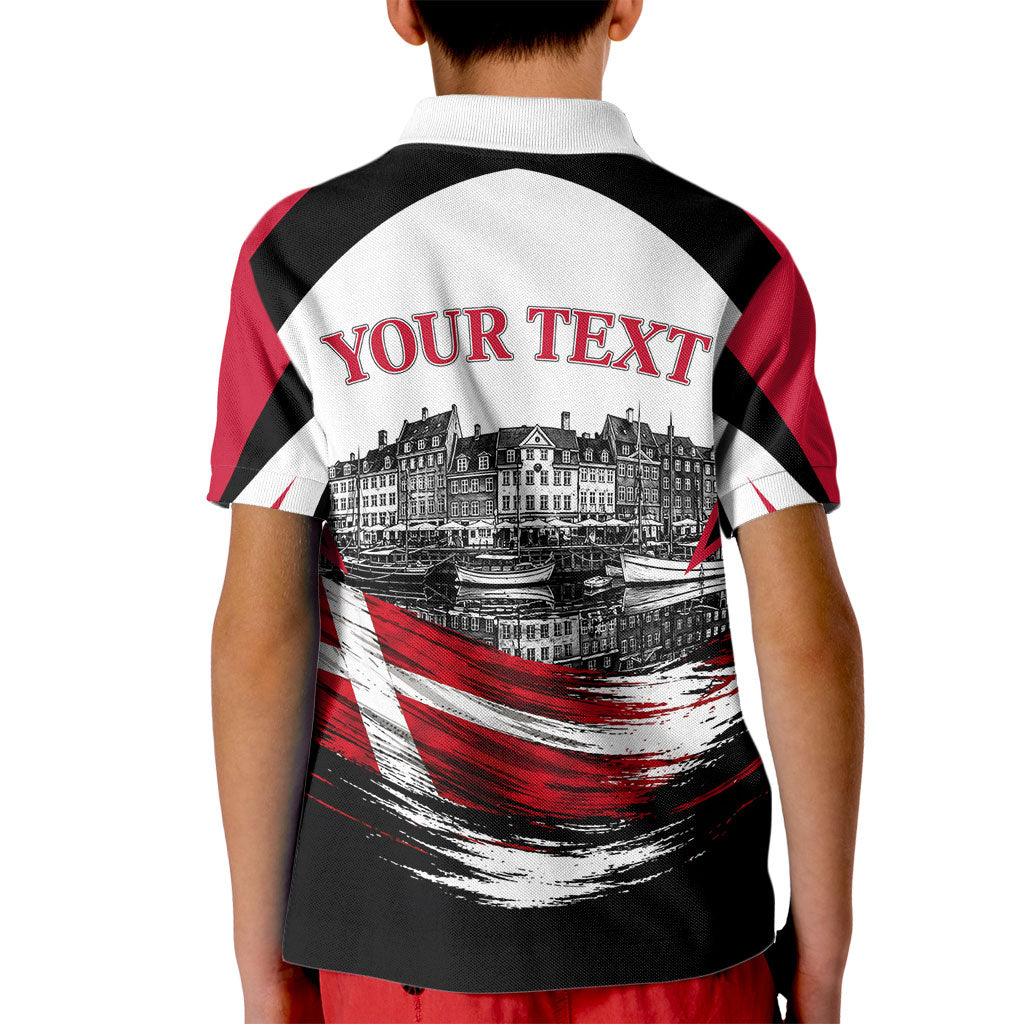 Personalized Denmark Viking Heritage Kid Polo Shirt Nordic Nyhavn Cityscape With Grunge Flag And Longship Art