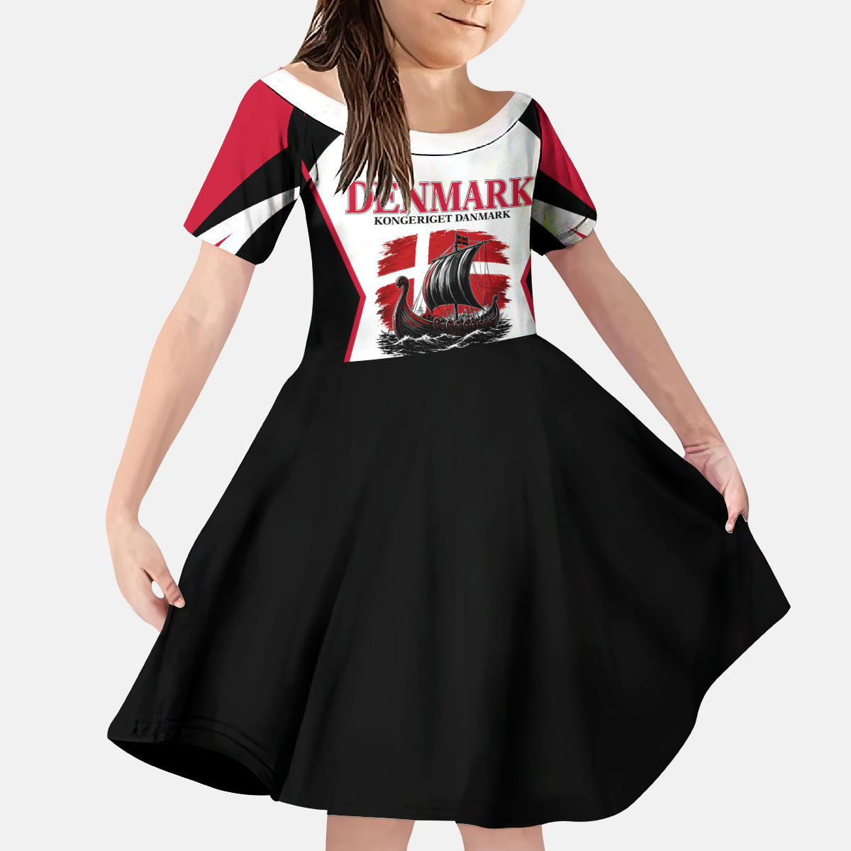 Personalized Denmark Viking Heritage Kid Short Sleeve Dress Nordic Nyhavn Cityscape With Grunge Flag And Longship Art