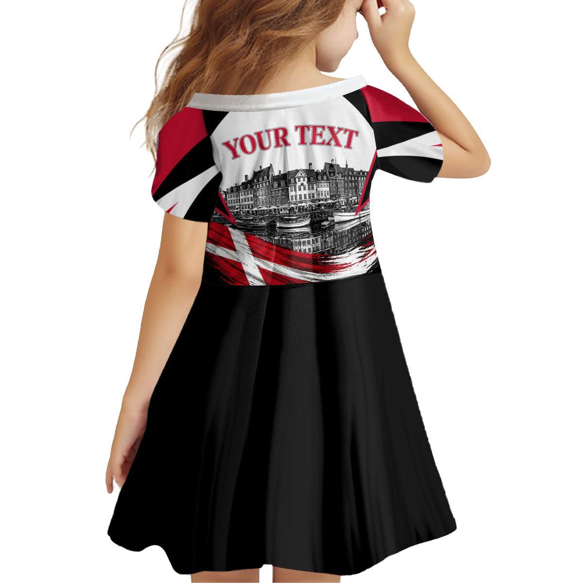 Personalized Denmark Viking Heritage Kid Short Sleeve Dress Nordic Nyhavn Cityscape With Grunge Flag And Longship Art