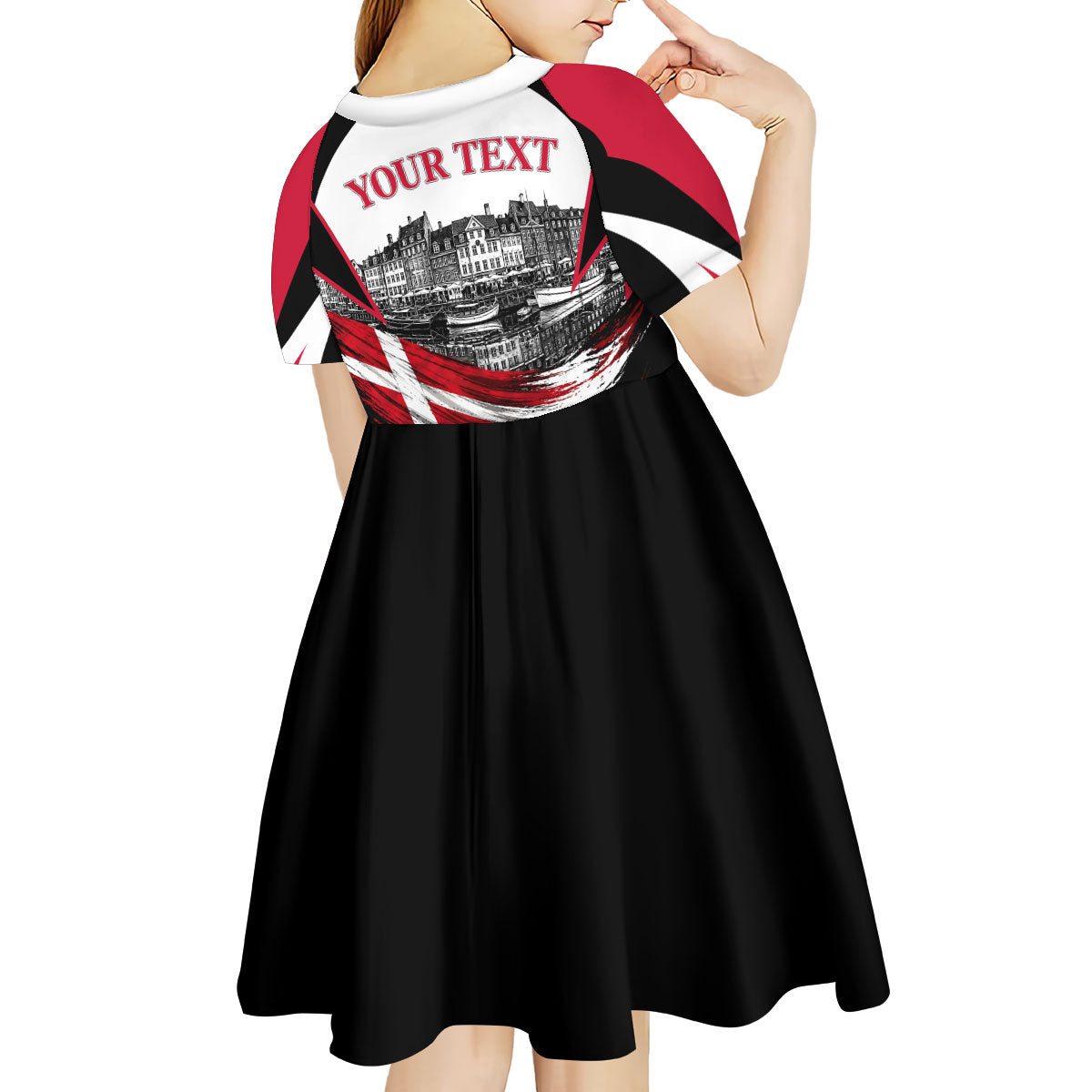 Personalized Denmark Viking Heritage Kid Short Sleeve Dress Nordic Nyhavn Cityscape With Grunge Flag And Longship Art