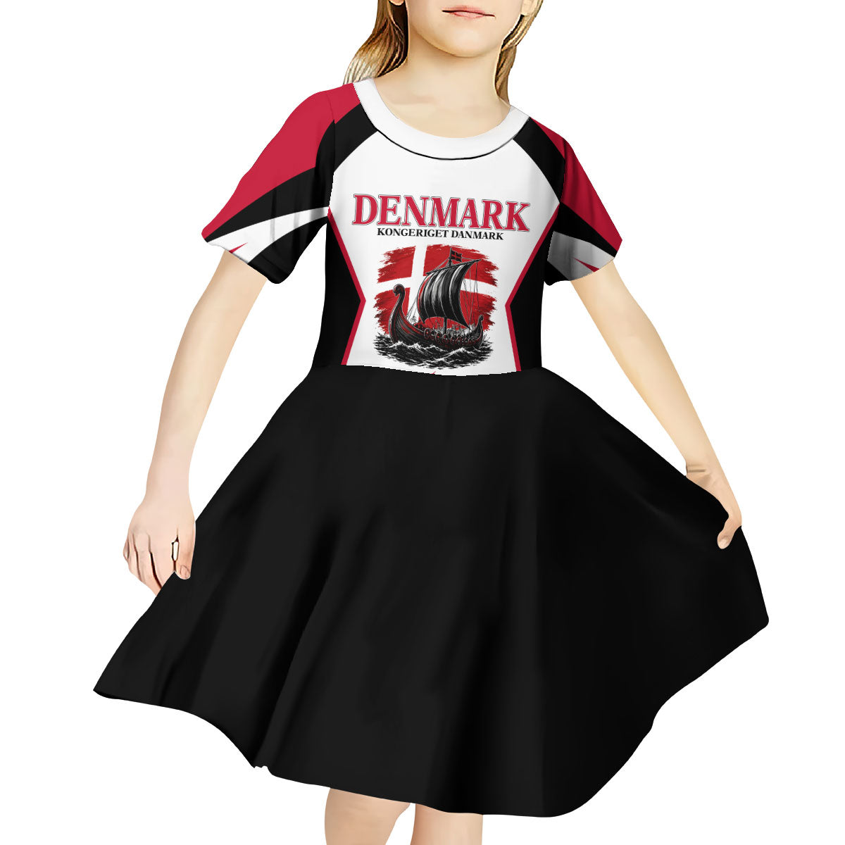 Personalized Denmark Viking Heritage Kid Short Sleeve Dress Nordic Nyhavn Cityscape With Grunge Flag And Longship Art